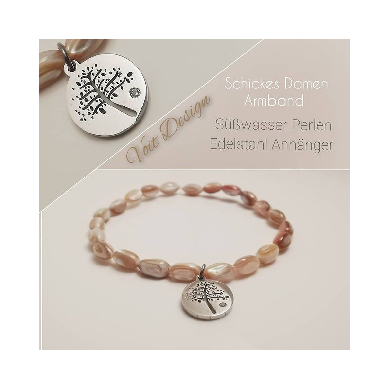 Damenarmband, Süßwasser Perlen, Lebensbaum Charm