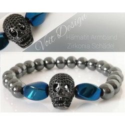 Herren Edelstein Armband. Hämatit, Zirkonia Totenkopf